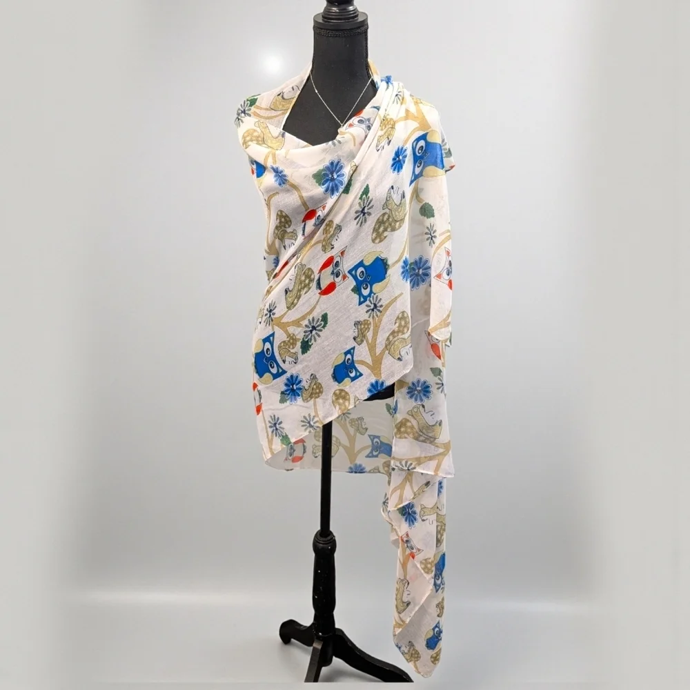 Floral Owl Print Scarf White Blue and Red 69
